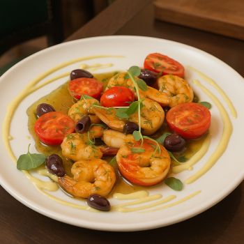 Скариди в масло с бяло вино, чери доматки и каперси 200 гр.